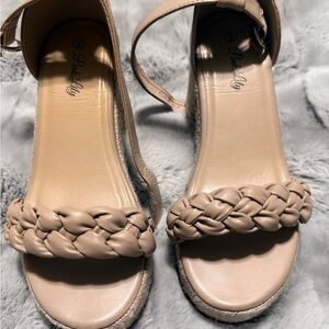 Pink Lily Braided Strap Wedges in Beige